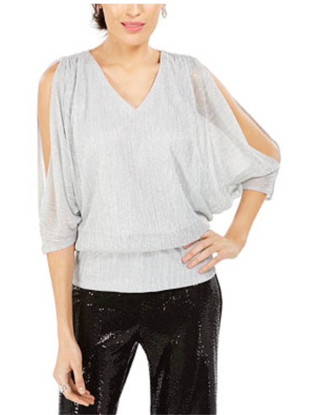 MSK Silver Split-Sleeve Metallic Blouson Top XLarge NWT $69